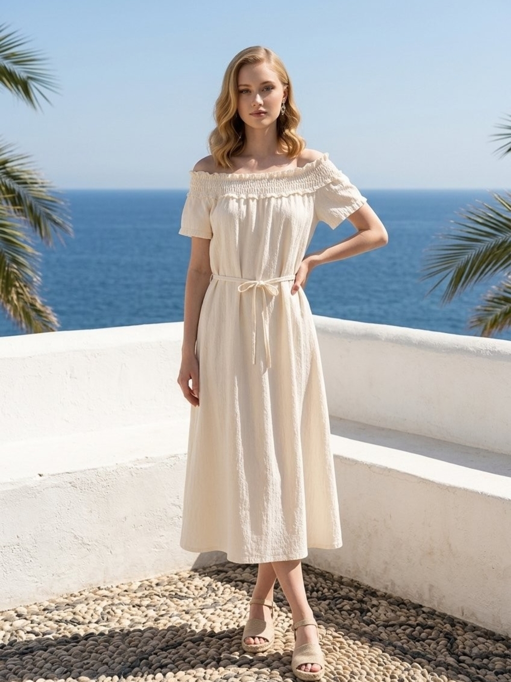Line & Dot Cream Off-Shoulder Midi Dress with Waist Tie